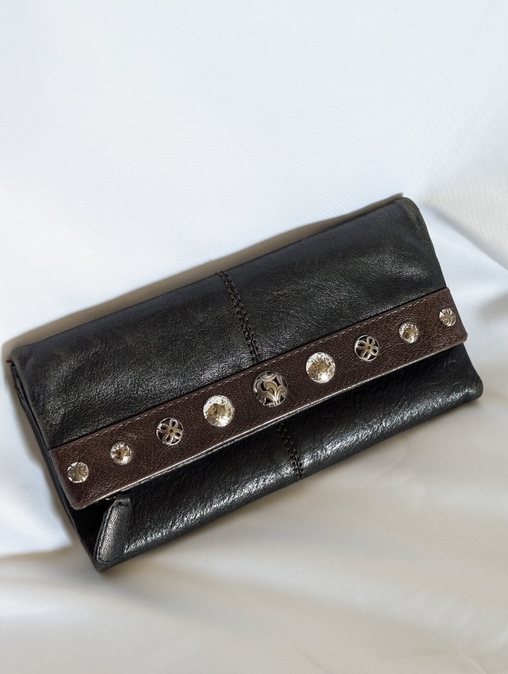 1007 Brighton Leather Tri Fold Clutch Wallet Black Studded Accents - Like New